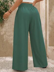 SHEIN PETITE Pantalones anchos de cintura alta de unicolor, versátiles y casuales para mujer de talla grande - Verde militar - Ver 2