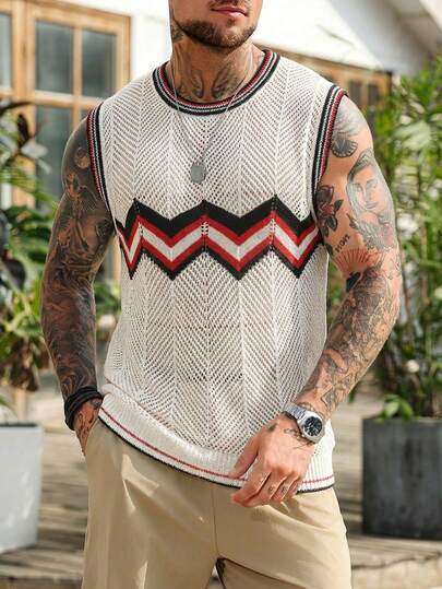 Manfinity RSRT Men's Striped Print Crew Neck Casual Daily Knit Sweater Vest