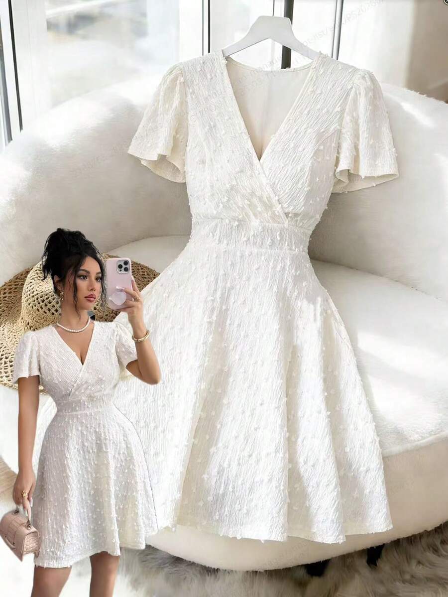 Elenzga 女士波点纹理面料交叉V领A字短款连衣裙，休闲度假日常约会装扮 - 杏色 - 查看 1