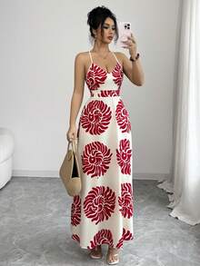 SHEIN Women's Printed Open Back Colorful Beaded Chain Decor A-Line Waist Flattering Bohemian Vacation Elegant Sweet Cute Daily Commute Fashion Date French Street Music Festival Retro Versatile Spring Summer Light Peach Red Pattern New Sleeveless Maxi Dress - Multicolor - View 5