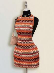 SHEIN ICON 女士外出度假波西米亚风礼服，适合舞会、科切拉音乐节、海滩度假、辣妹风条纹圆领露背无袖性感迷你连衣裙，夏季 - 橘色 - 查看 5