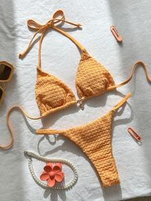 Swim Mod Women's Cute Orange Halter Tie Back Bikini Set With Thong Bottoms - Orange - View 2