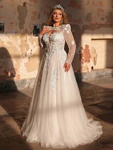 Aureia Váy cưới cỡ lớn, thanh lịch, lãng mạn màu trắng với tay áo 3D bằng vải lưới, ren thêu thủ công, chất liệu satin, dáng chữ A, lưng xuyên thấu gợi cảm, thích hợp cho đám cưới. - trắng - Xem 9