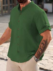 Manfinity Homme Plus Size Men's Solid Color Single-Breasted Casual Pocket Short Sleeve Shirt - Green - View 5