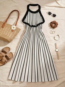 Breezaya Đầm dệt kim cổ yếm kẻ sọc thanh lịch và thời trang dành cho nữ - trắng - Xem 2