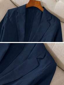 Franclia Áo blazer tay lỡ 3/4, cổ bẻ, eo thon, chất liệu vải lanh, dài đến 7/8, thiết kế cài nút, thích hợp cho mùa xuân, hè, thu, các dịp trang trọng, công sở, trang phục dạ hội thanh lịch. - Màu xanh hải quân - Xem 3