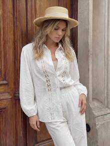 Hansera 2026春夏新款常规款女式两件套长袖上衣和裤子套装 - 白色 - 查看 1