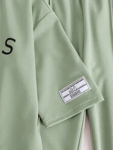SHEIN Serisse Kids 少女绿色春夏针织圆领宽松拼接撞色英文印花贴片圆领宽松阔腿裤休闲简约学院风T恤套装，2件套 - 綠色 - 查看 6