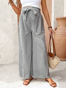 SHEIN 孕妇条纹系带阔腿宽松休闲裤 - 黑色 - 查看 4