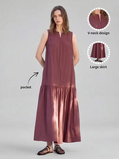 Ontre Vestido ajustado con falda plisada en A, cuello redondo y pequeño escote en V, sin mangas, hecho de material de alta gama cómodo y amigable con la piel, en color morado ciruela, con decoración de metal plateado, bolsillos laterales, adecuado para negocios, casual, oficina, viajes urbanos, moda aeroportuaria de alta calidad, elegancia discreta, uso en cruceros, sensación de lujo minimalista de Oriente Medio, vestido largo versátil y esencial