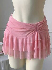 SHEIN EZwear 女士时尚不对称下摆荷叶边腰粉色蛋糕裙 - 粉色 - 查看 2