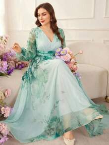 Modelyn 大码女式印花优雅收腰A字连衣裙 - 綠色 - 查看 3