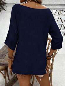 Pariaura Áo kiểu thanh lịch, màu trơn, cổ tròn, tay lửng 3/4 - Màu xanh lam - Xem 2