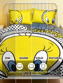 LOONEY TUNES X SHEIN 3Pc Yellow Cui Di Printed Quilt Cover Set, Sanded Material, Soft And Warm, Multiple Sizes, Suitable For Single Bed/Double Bed/Queen Bed/King Bed, Machine Washable - Grey - View 7