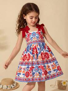 SHEIN Young Girl Woven Print, Bowknot Floral Pleated Camisole Dress - Red - View 2