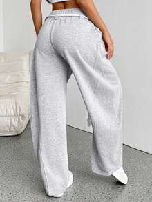 SHEIN PETITE 女士秋冬街头风返校学院风休闲保暖舒适法式灰弹力腰带弧形裤脚阔腿运动裤舒适裤灰色运动裤 - 灰色 - 查看 2