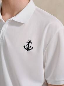 Courvante 男士夏季錨圖案印花短袖休閒/通勤領領圖案 Polo 衫，白色，適合工作與爸爸穿著，高爾夫、網球 - 白色 - 查看 5