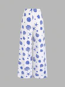SHEIN Sweetro Quần ống rộng dáng suông màu nâu in hình vỏ sò và sao biển, thoải mái, đa năng dành cho nữ, thích hợp cho mùa xuân/hè, trang phục đi nghỉ mát, trang phục đi biển cho nữ, quần in hình sao biển, quần áo in hình vỏ sò. - Xanh và trắng - Xem 4