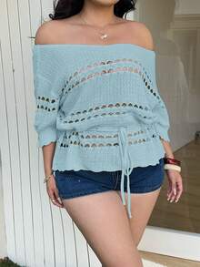 Sunnyshic 女士休闲简约优雅浪漫温柔日常通勤街头风百搭度假野餐设计感上衣，年轻露肩短袖抽绳镂空荷叶边杏色收腰大码套头衫时尚针织钩编毛衣，春夏 - 藍色 - 查看 5