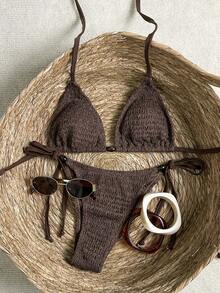 Swim Vcay 女士两件式纹理面料串珠吊带系带裤休闲派对沙滩比基尼套装 - 咖啡棕 - 查看 1