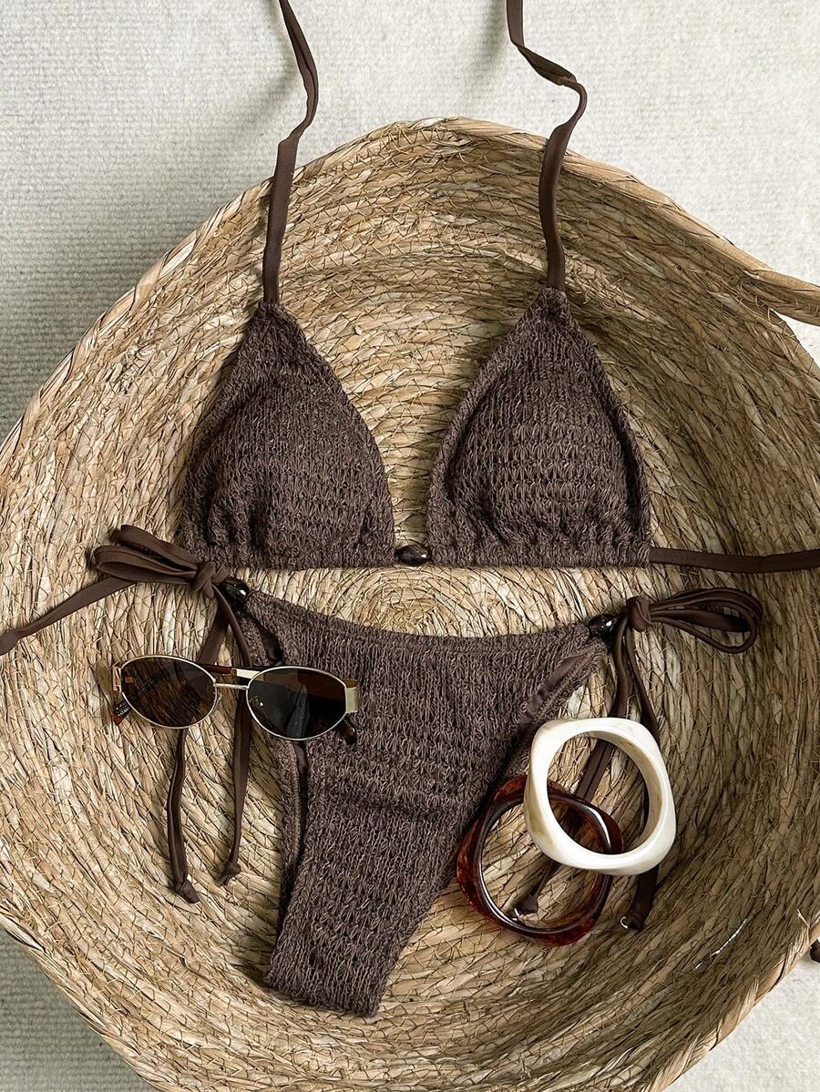 Swim Vcay 女士两件式纹理面料串珠吊带系带裤休闲派对沙滩比基尼套装 - 咖啡棕 - 查看 1