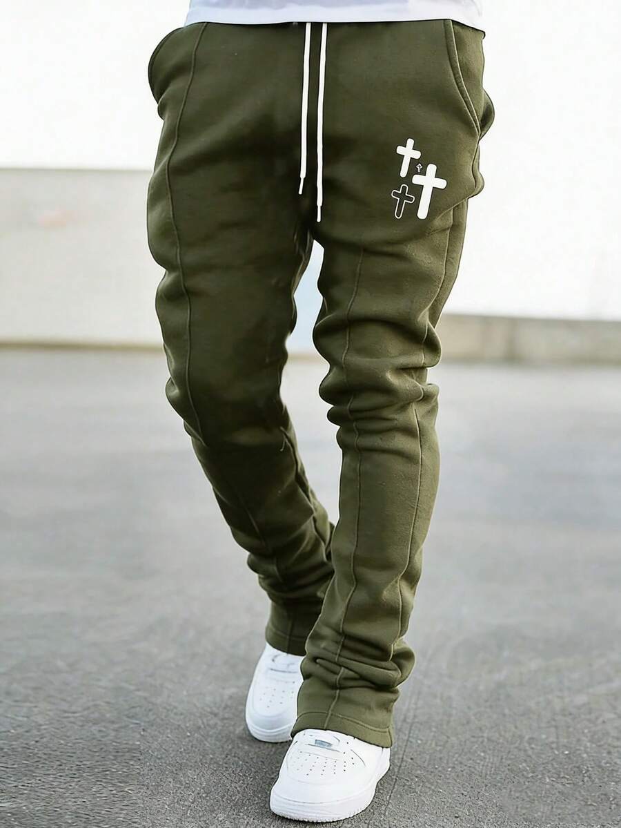 Manfinity Roghcode Pantalones de chándal con cordón en la cintura y estampado de cruz para hombre - Verde militar - Ver 1
