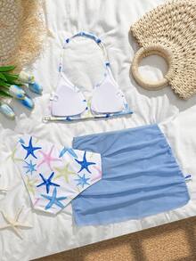 SHEIN 少女三件套比基尼，可爱针织海星海洋主题面料，时尚设计，款式端庄，适合海滩、游泳、度假和夏季穿着。 - 藍色 - 查看 2