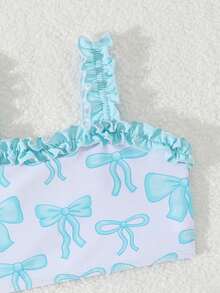 小女孩粉色蝴蝶结荷叶边泳衣套装，夏季海滩 - 藍色 - 查看 5