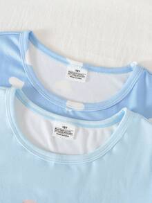 4件套/2套女童针织高弹圆领修身短袖短裤睡衣套装，兔子和爱心可爱图案，舒适柔软，是送给少女的绝佳礼物 - 藍色 - 查看 7