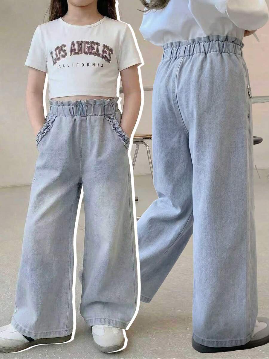 SHEIN 年轻女孩休闲波西米亚风假日平底阔腿牛仔裤，平口袋设计，适合日常穿搭 - 淺色水洗藍 - 查看 1