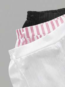 SHEIN Essnce Conjunto de 3 pantalones casuales a rayas blancas y negras con cordón en la cintura y bolsillos, estilo vacacional, adecuado para el verano - Multicolor - Ver 3