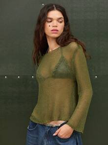 COUREZ SLASH NECK OPEN HOLE KNITTED SWEATER - Green - View 5
