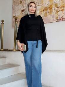 salliqueen Top décontracté femme à col roulé avec manches évasées de couleur unie - Noir - Voir 6