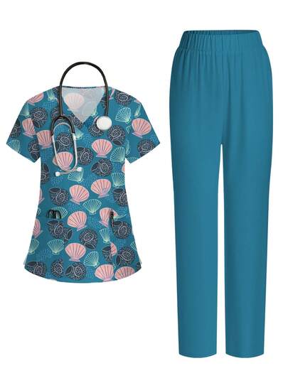 PopScrub Seashell & Shell Graphic Cartoon Print V-Neck Short Sleeve Pocket Hanging Ear Design 2pcs Set, Spring/Summer Nurse Uniform, Pants Casual Suit, Uniform Set