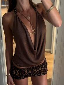 Swim Chiccia Women's Deep V-Neck Backless Knit Camisole,Coffee Brown Summer Casual Beach Vacation Holiday Bohemian Beaded Decor Spaghetti Strap Y2K Party Top - Coffee Brown - View 5
