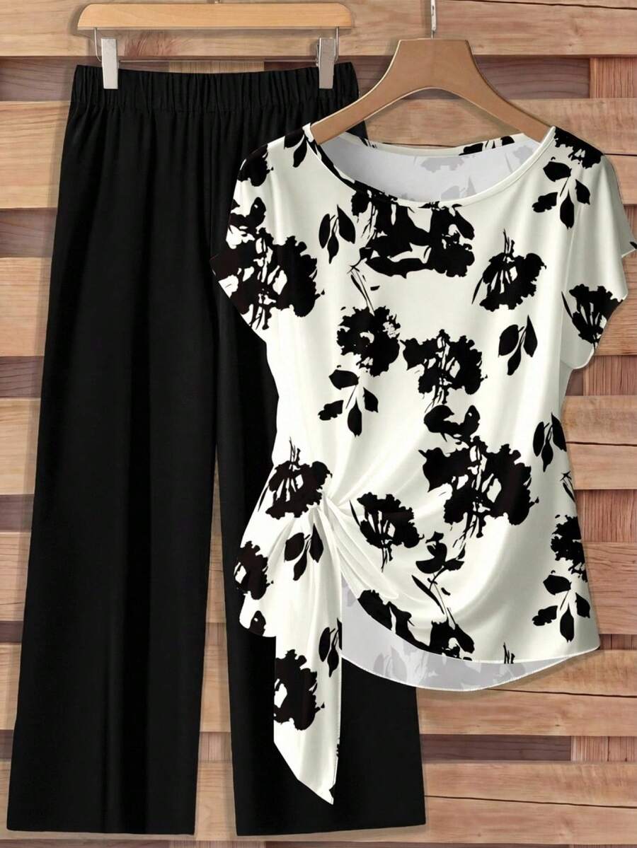 Rusticease Women's Tie Bow Blouse And Straight Leg Pants 2 Pieces Set Blouse And Pants Set Floral 2 Piece Set Modest Two Pieces Set Two Pieces Set,Casual - Multicolor - View 1