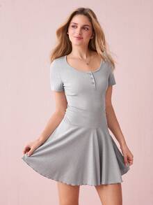 Snug Zone 休闲舒适纽扣式荷叶边女式家居连衣裙节日季 - 灰色 - 查看 1