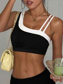 Dewbera Dewbera 1pc Women Sports Bra With Contrast Color Splicing Neckline, Removable Padded Straps, Suitable For Daily Casual Wear, Running, Yoga, Gym, Tennis, Golf - Multicolor - View 4