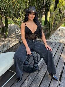 SHEIN SXY 黑色性感透视网纱连体衣 - 黑色 - 查看 3