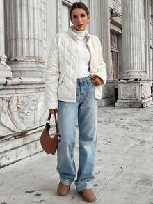 SHEIN LUNE 1 pieza Chaqueta de plumón ligera casual con bolsillo de manga larga para mujer - Albaricoque - Ver 4