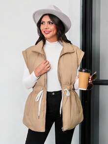 SHEIN LUNE Women's Casual Multi-Function Detachable Sleeve Waist Down& Feathers Coat - Khaki - View 8