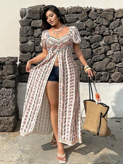 Vibekara Plus Size Women's Long Floral Print Casual Loose Flowing Shirt, Suitable For Spring And Summer Outings