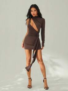 SHEIN PETITE Lowkey Demure Sexy Casual High Neck Asymmetrical One Shoulder Cut Out Sash Mini Dress - Brown - View 5