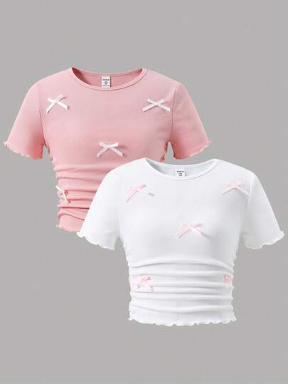 SHEIN 2pcs/Set Tween Girls' Casual Butterfly Decor Short Sleeve T-Shirt, Summer Tops Summer Summer Tops Summer Outfits White Top Bow Tops Cute Tops Girly Tops Cute Tops Girls Cute Fancy Tops Tween Girls Cute Bow Accent Ribbed Knit Ruffle Hem Short Sleeve Tee Pack Of Two Fitted Tops For Teen Girls Shirts Crop