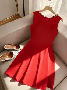 GlowEve Women's Red Backless Beaded Bow Decor Sleeveless Dress - Red - View 2
