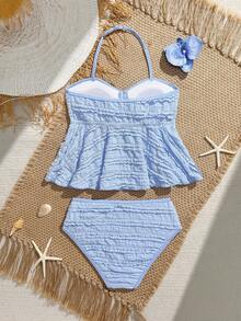 SHEIN 少女可爱针织提花面料露背吊带短款上衣荷叶边下摆泳衣两件套，欧美时尚优雅休闲淑女风，适合游泳、海滩、度假、夏季穿着 - 藍色 - 查看 2