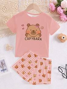 Bộ đồ ngủ ngắn tay cổ tròn, quần short, dễ thương, ngộ nghĩnh, mềm mại, in hình chuột lang nước hoạt hình, dành cho bé gái tuổi teen, thích hợp cho mùa hè. - Nhiều màu - Xem 6