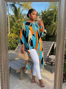 SHEIN Lady CURVE Spring And Summer Elegant Commuting Office Casual Boho Colorful Woven Round Neck High Low Quarter Sleeves Plus Size T-Shirts Blouses Tunic Tops - Orange - View 4