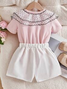 2pcs/Set Young Girls Cute Sweet Polka Dot Ruffle Collar T-Shirt And Elastic Waist 3D Bow Skort, Casual & Fashionable Summer Outfit For Little Girls - Pink - View 4