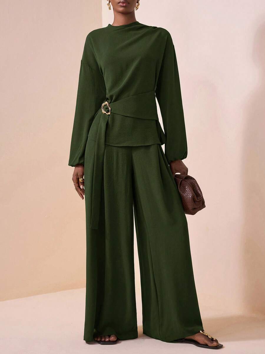 Zivah 2025秋季新音乐节、西式风格、游牧风格、生日派对、毕业季、学院风、学生装、日常出行、百搭基础款、休闲、度假、邮轮旅行、海滩、日光浴、爆款、街头风、万圣节服装、婚礼宾客波西米亚风、通勤、早午餐装、商务休闲女装、机场装、派对、假日出行、优雅宴会长袖上衣，肩部荷叶边设计，金属装饰，腰带，带口袋阔腿裤两件套棕色套装 - 軍綠色 - 查看 1